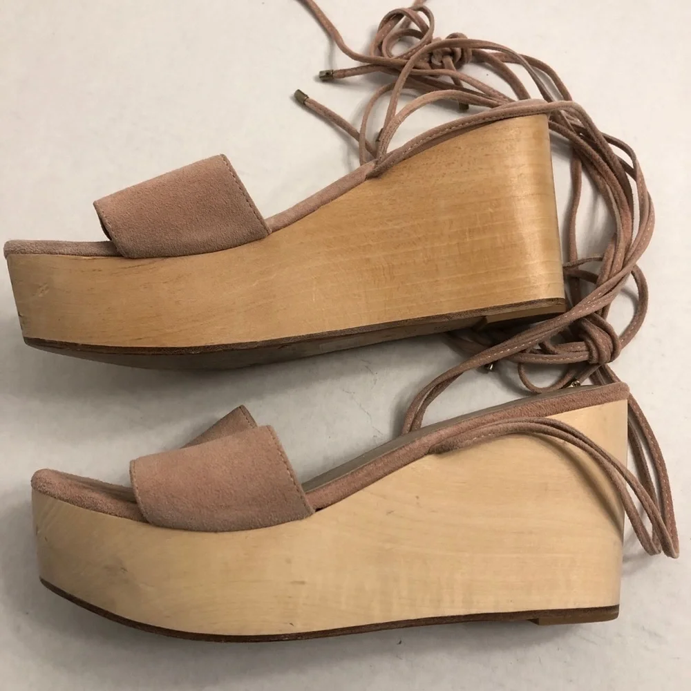 Raye Finley Ankle Tie Wedge Sandal in Ballet Pink Suede